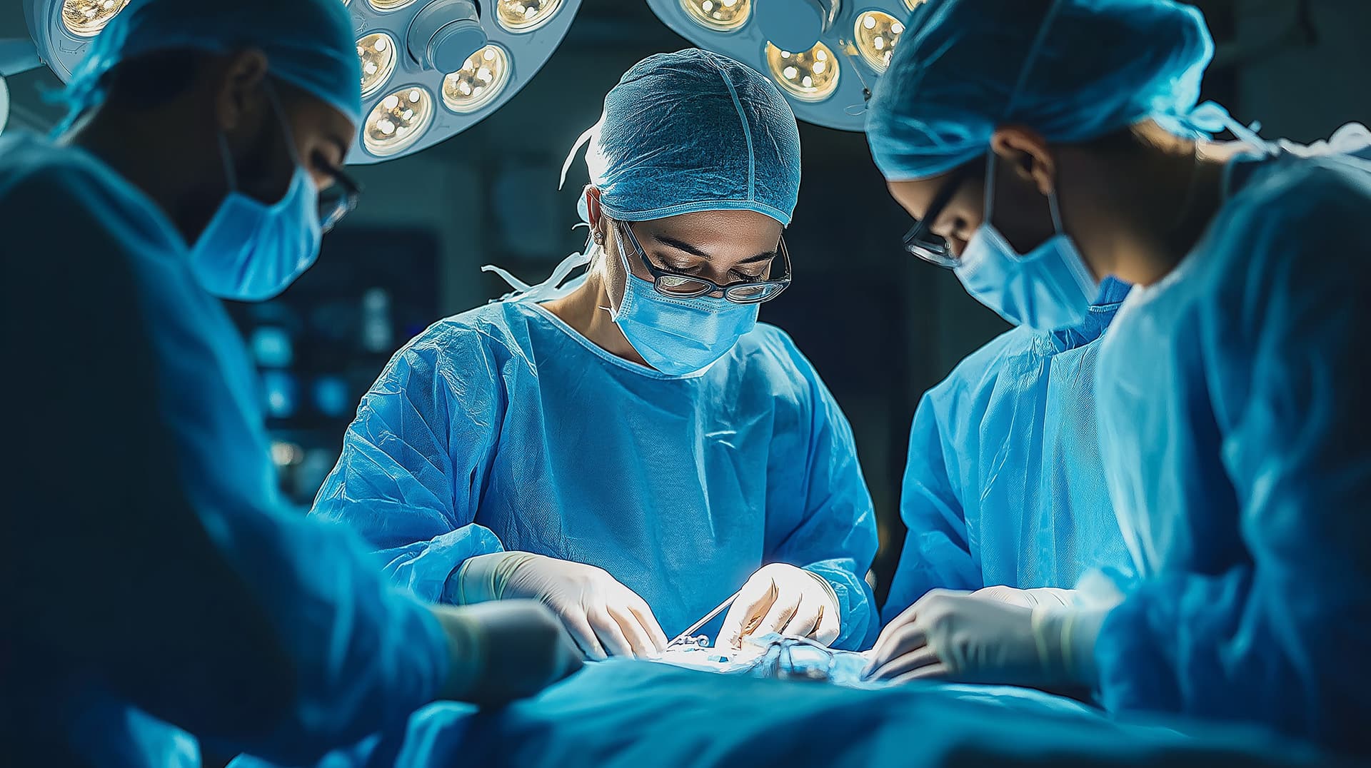 Drei Chirurgen führen eine Operation unter OP-Licht durch.